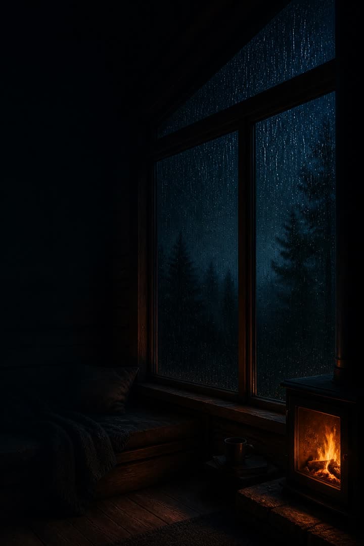 Rain on a cabin window beside a warm fireplace in Nimbest